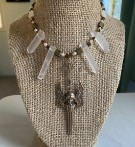 Necklace with Quartz Crystals and Brass Angel