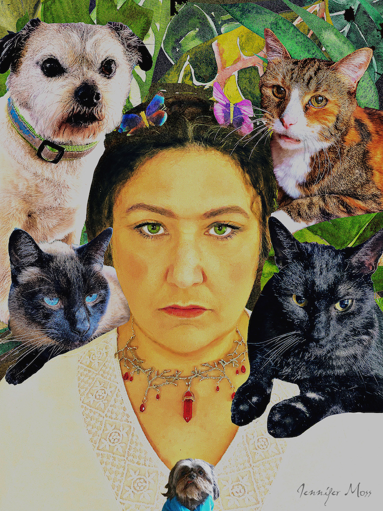 Woman photo painting with dog and cats in the style of Frida Kahlo