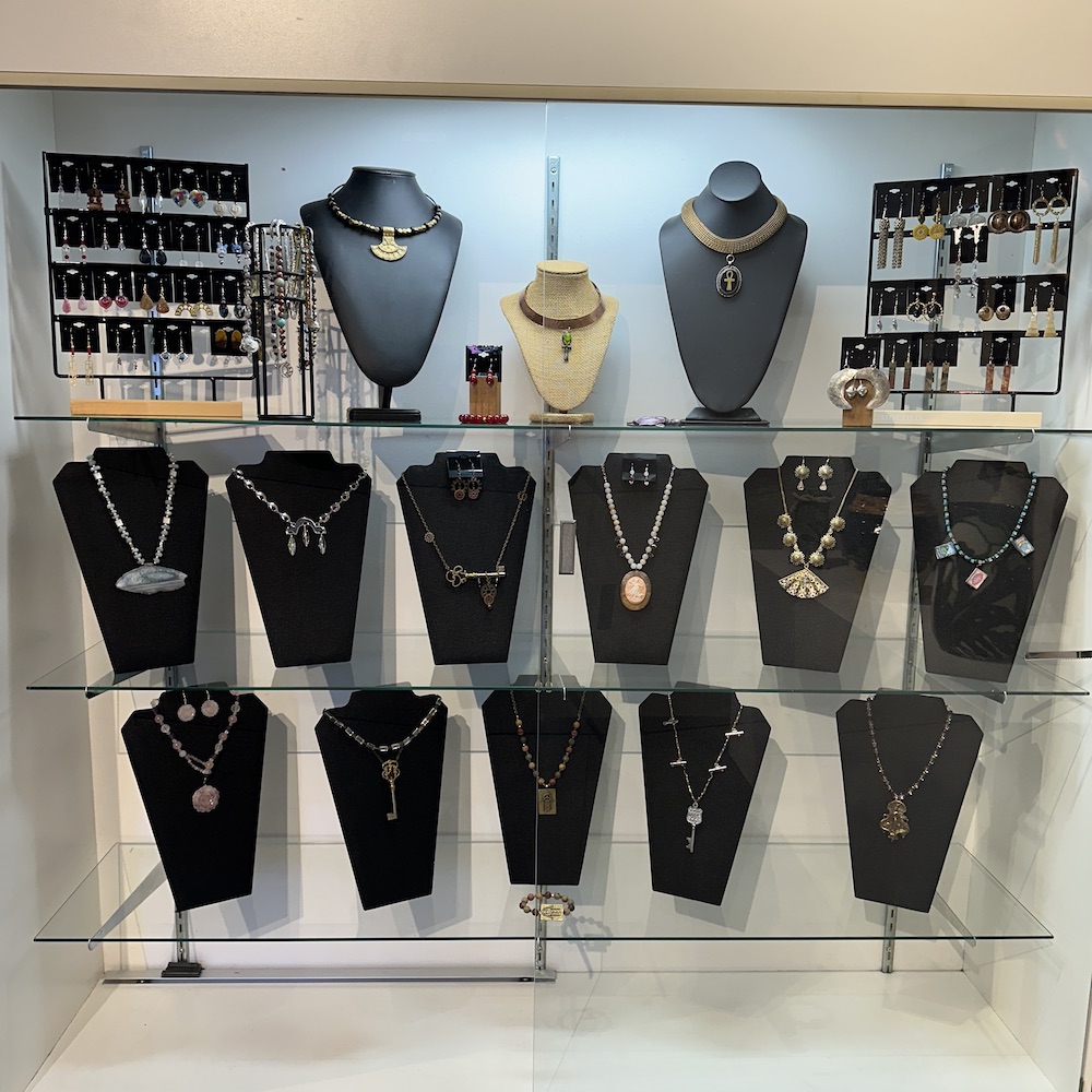 Display case of earrings and necklaces